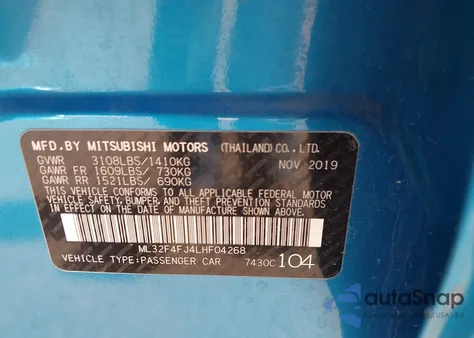 2020 Mitsubishi Mirage G4 Se z USA, uszkodzony, nr VIN ML32F4FJ4LHF04268